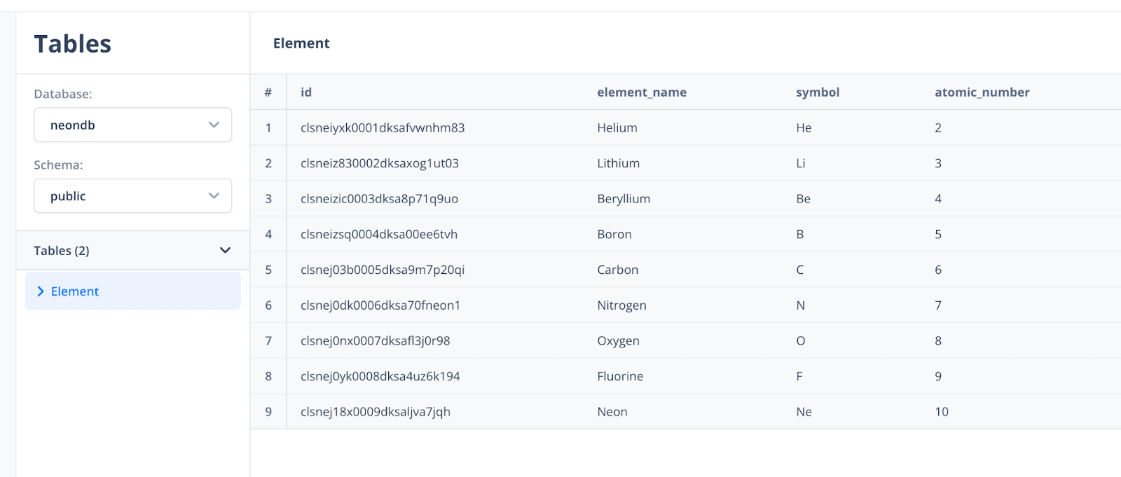 Rows in Neon Postgres Table Viewer